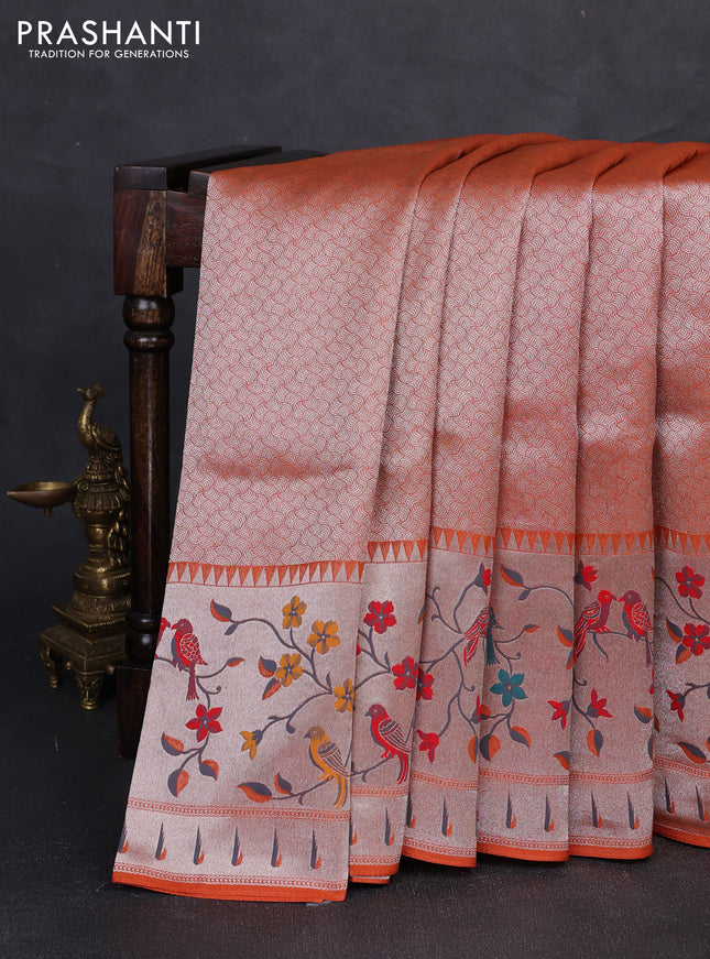 Banarasi raw silk saree orange with allover silver zari woven brocade weaves and paithani style border