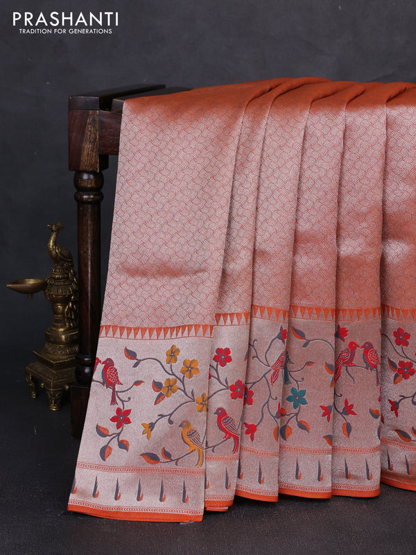Banarasi raw silk saree orange with allover silver zari woven brocade weaves and paithani style border