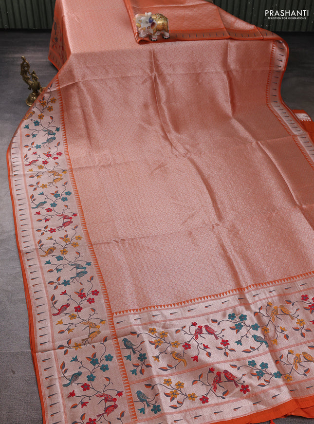 Banarasi raw silk saree orange with allover silver zari woven brocade weaves and paithani style border