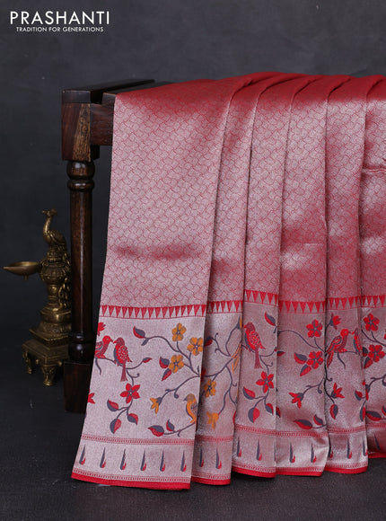 Banarasi raw silk saree red with allover silver zari woven brocade weaves and paithani style border
