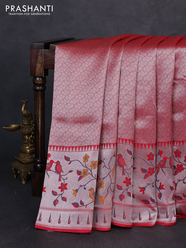 Banarasi raw silk saree red with allover silver zari woven brocade weaves and paithani style border