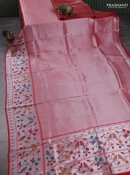 Banarasi raw silk saree red with allover silver zari woven brocade weaves and paithani style border