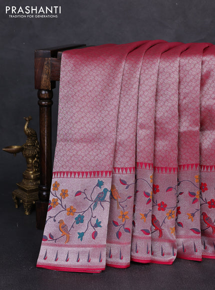 Banarasi raw silk saree pink with allover silver zari woven brocade weaves and paithani style border