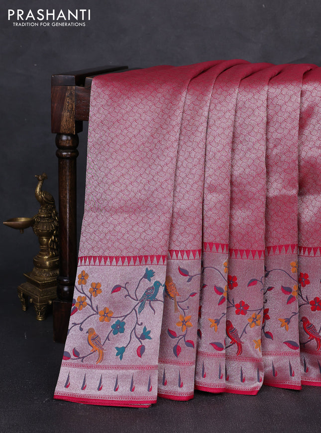 Banarasi raw silk saree pink with allover silver zari woven brocade weaves and paithani style border