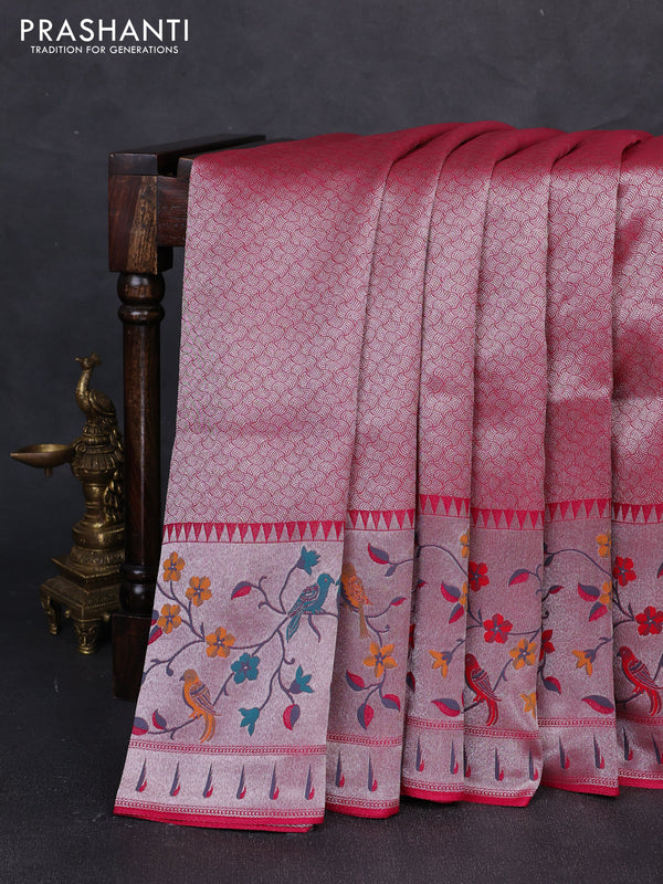 Banarasi raw silk saree pink with allover silver zari woven brocade weaves and paithani style border