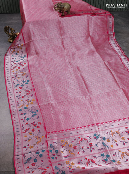 Banarasi raw silk saree pink with allover silver zari woven brocade weaves and paithani style border