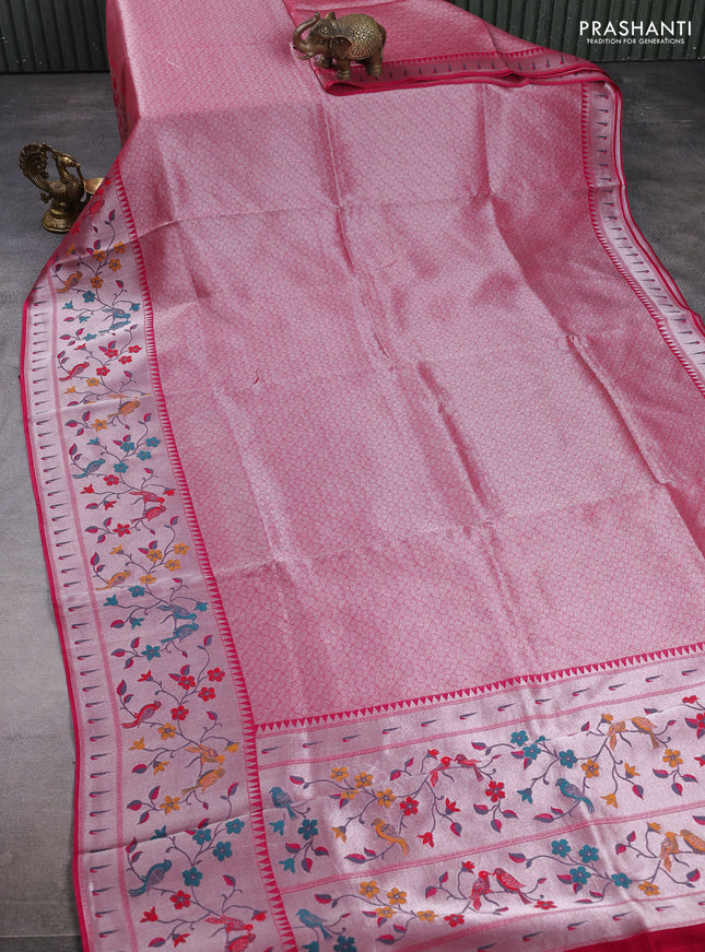 Banarasi raw silk saree pink with allover silver zari woven brocade weaves and paithani style border