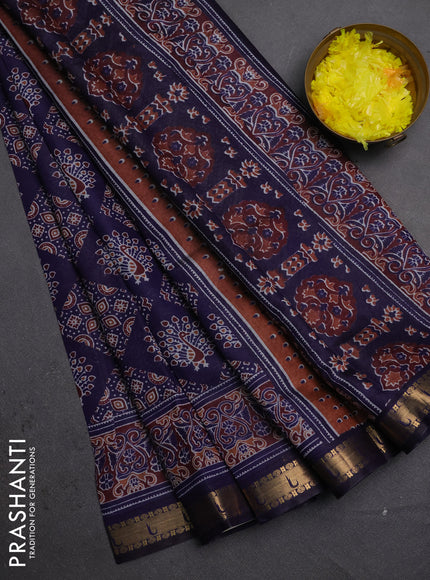 Semi maheshwari cotton saree navy blue with allover ajrakh prints and zari woven muniya style border