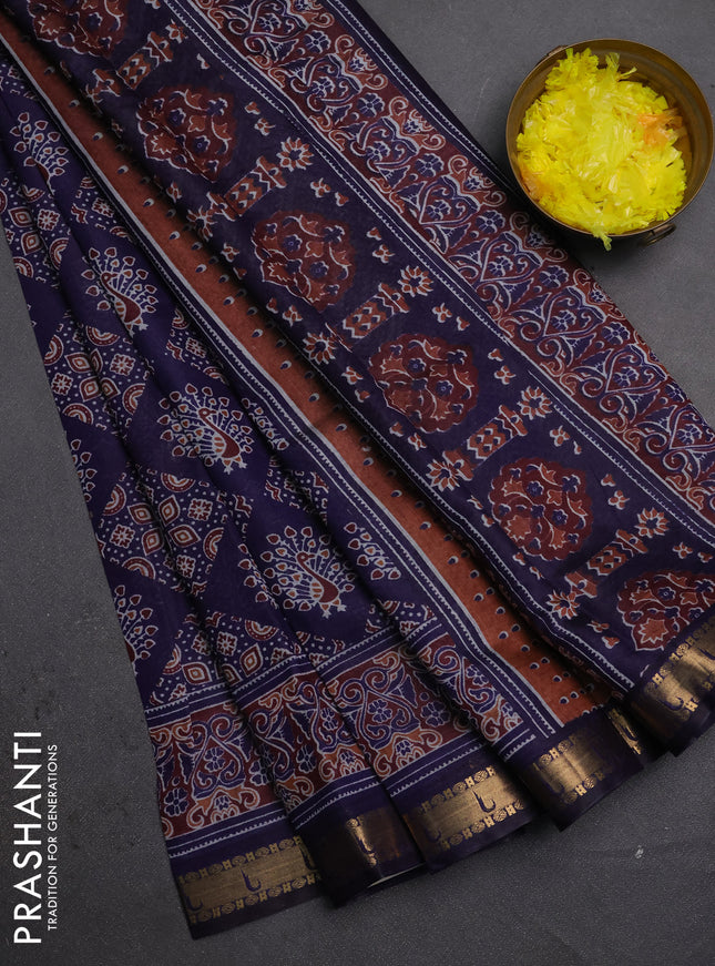 Semi maheshwari cotton saree navy blue with allover ajrakh prints and zari woven muniya style border