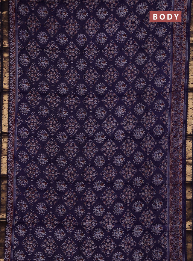 Semi maheshwari cotton saree navy blue with allover ajrakh prints and zari woven muniya style border