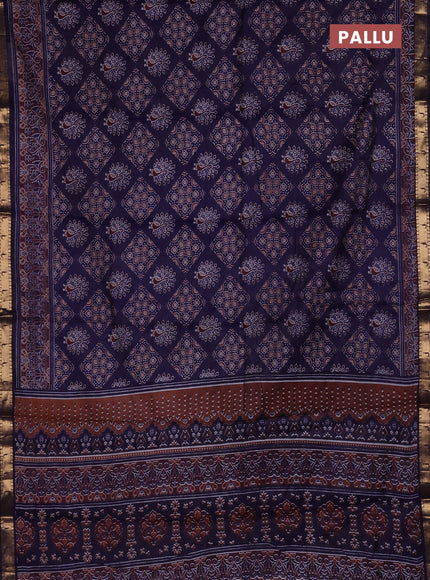 Semi maheshwari cotton saree navy blue with allover ajrakh prints and zari woven muniya style border