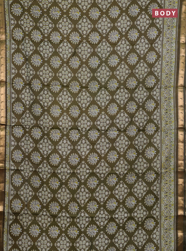 Semi maheshwari cotton saree olive green with allover ajrakh prints and zari woven muniya style border