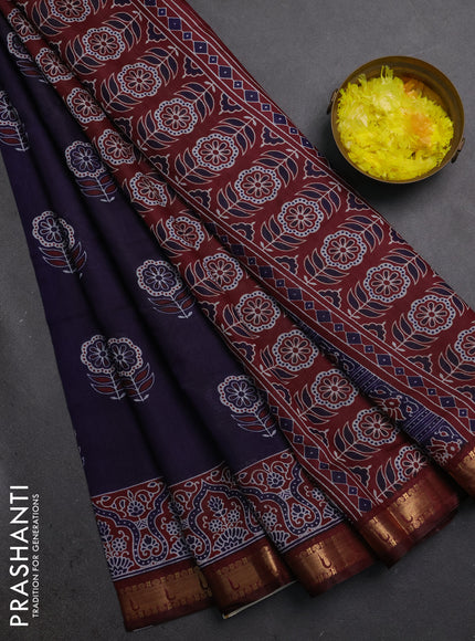 Semi maheshwari cotton saree deep violet and maroon with allover floral butta prints and zari woven muniya style border