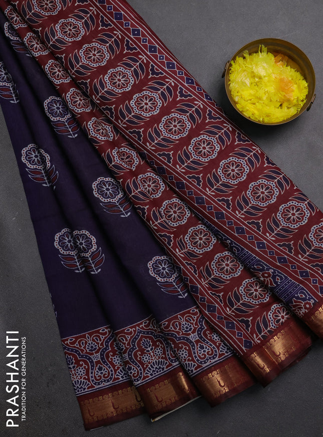 Semi maheshwari cotton saree deep violet and maroon with allover floral butta prints and zari woven muniya style border