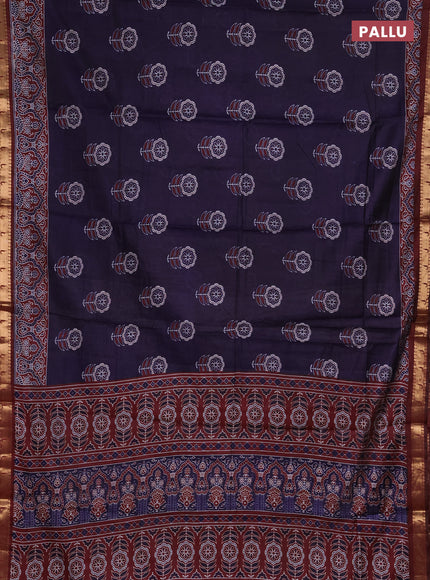 Semi maheshwari cotton saree deep violet and maroon with allover floral butta prints and zari woven muniya style border