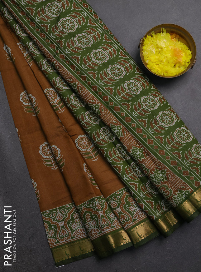 Semi maheshwari cotton saree dark mustard and green with allover floral butta prints and zari woven muniya style border