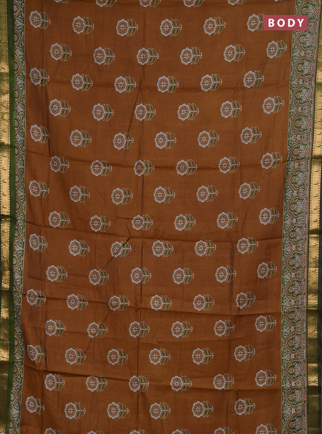 Semi maheshwari cotton saree dark mustard and green with allover floral butta prints and zari woven muniya style border