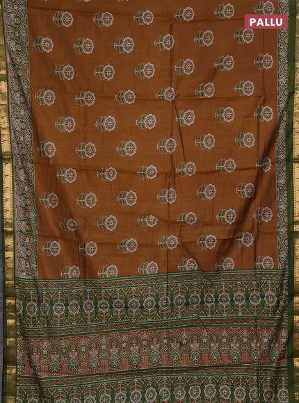 Semi maheshwari cotton saree dark mustard and green with allover floral butta prints and zari woven muniya style border