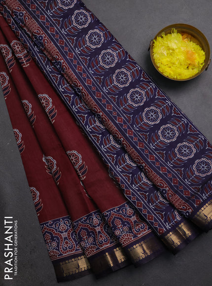 Semi maheshwari cotton saree maroon and navy blue with allover floral butta prints and zari woven muniya style border