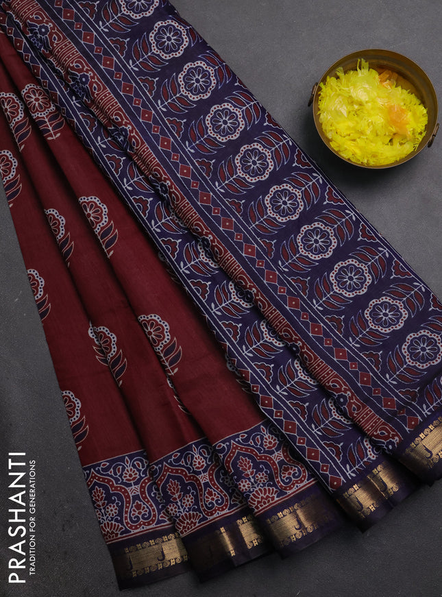 Semi maheshwari cotton saree maroon and navy blue with allover floral butta prints and zari woven muniya style border