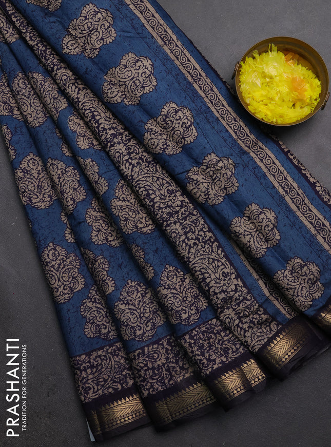 Semi maheshwari cotton saree cs blue and navy blue with allover butta prints and zari woven border
