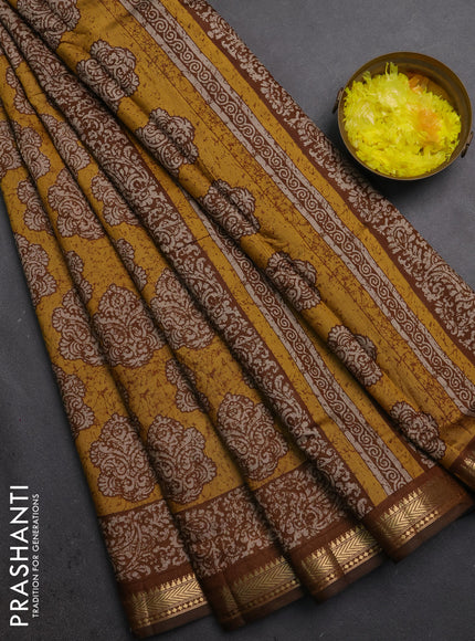 Semi maheshwari cotton saree mustard yellow and dark mustard with allover butta prints and zari woven border