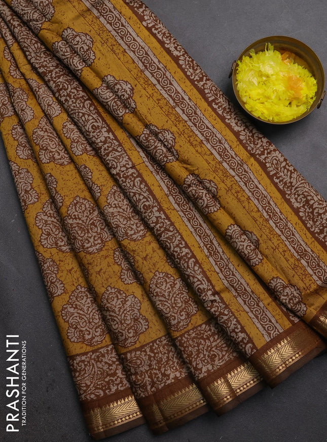 Semi maheshwari cotton saree mustard yellow and dark mustard with allover butta prints and zari woven border