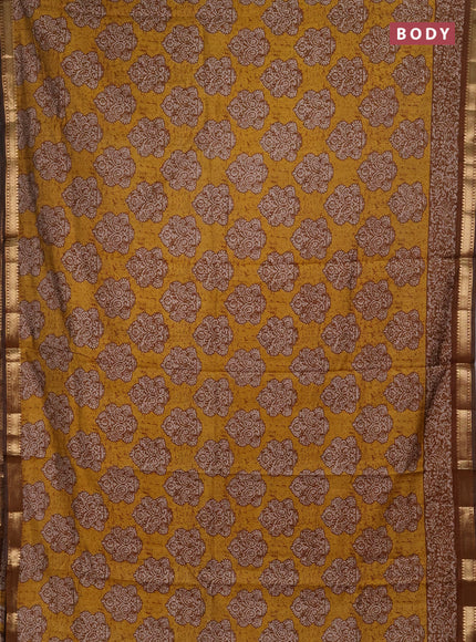 Semi maheshwari cotton saree mustard yellow and dark mustard with allover butta prints and zari woven border