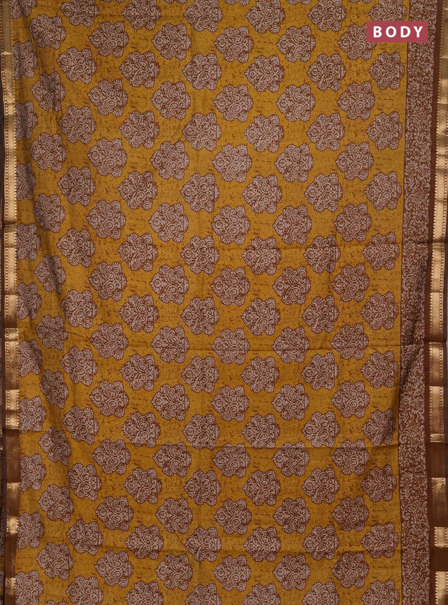 Semi maheshwari cotton saree mustard yellow and dark mustard with allover butta prints and zari woven border