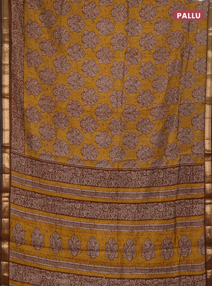 Semi maheshwari cotton saree mustard yellow and dark mustard with allover butta prints and zari woven border