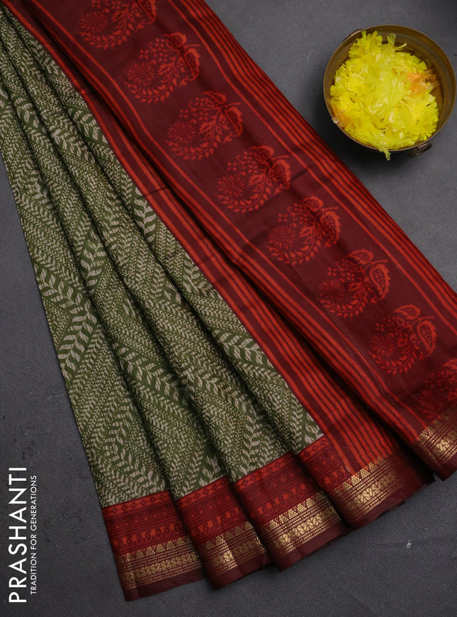 Semi maheshwari cotton saree green and maroon with allover geometric prints and zari woven border