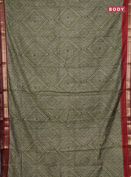 Semi maheshwari cotton saree green and maroon with allover geometric prints and zari woven border