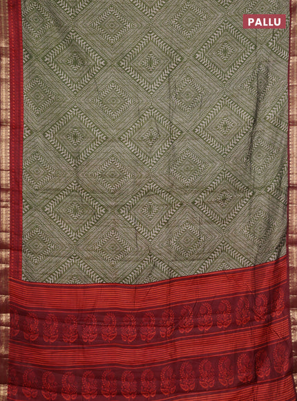 Semi maheshwari cotton saree green and maroon with allover geometric prints and zari woven border