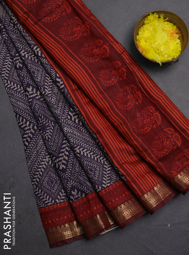 Semi maheshwari cotton saree violet and maroon with allover geometric prints and zari woven border