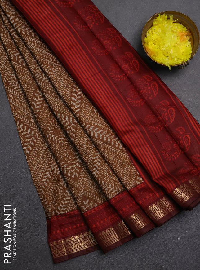 Semi maheshwari cotton saree dark mustard and maroon with allover geometric prints and zari woven border