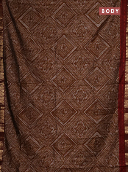 Semi maheshwari cotton saree dark mustard and maroon with allover geometric prints and zari woven border