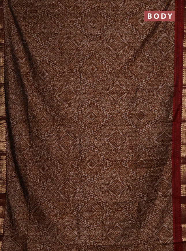 Semi maheshwari cotton saree dark mustard and maroon with allover geometric prints and zari woven border