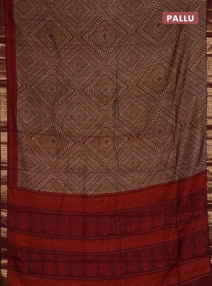 Semi maheshwari cotton saree dark mustard and maroon with allover geometric prints and zari woven border