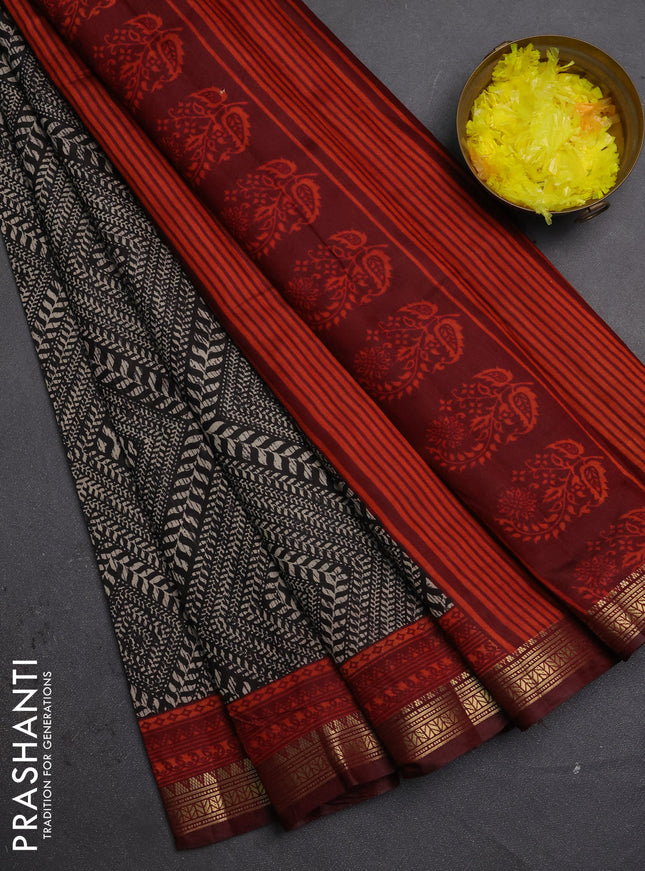 Semi maheshwari cotton saree black and maroon with allover geometric prints and zari woven border