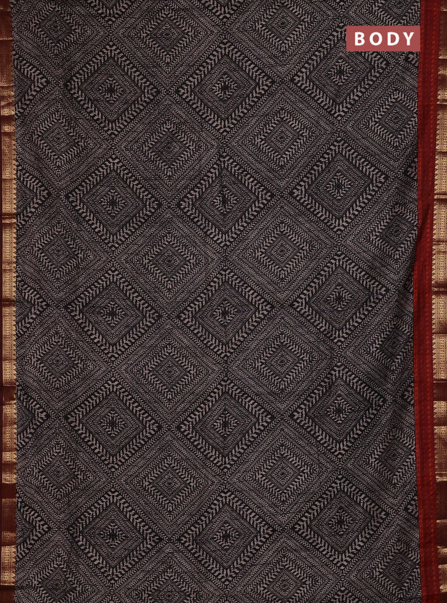 Semi maheshwari cotton saree black and maroon with allover geometric prints and zari woven border