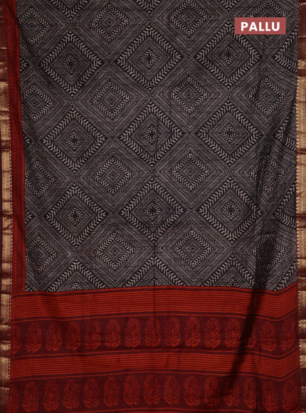 Semi maheshwari cotton saree black and maroon with allover geometric prints and zari woven border