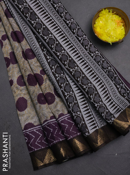 Semi maheshwari cotton saree grey purple and coffee brown with allover floral prints and zari woven border