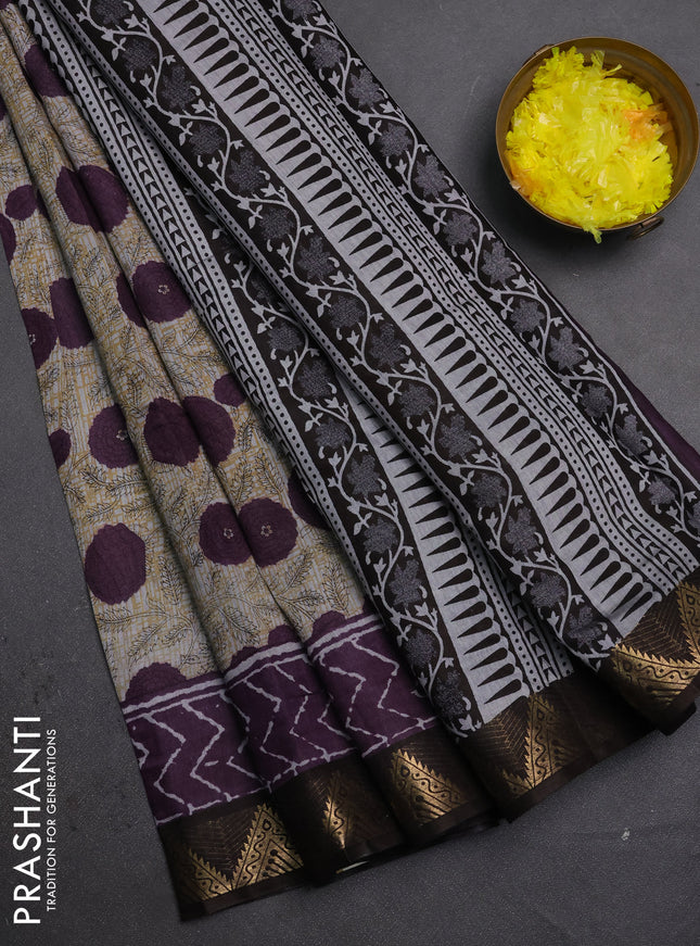 Semi maheshwari cotton saree grey purple and coffee brown with allover floral prints and zari woven border