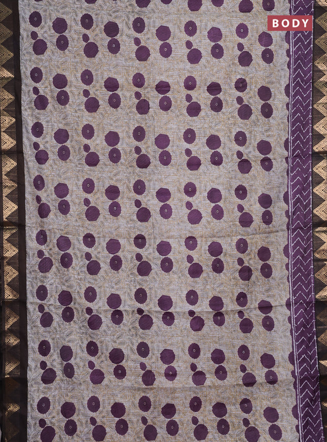 Semi maheshwari cotton saree grey purple and coffee brown with allover floral prints and zari woven border