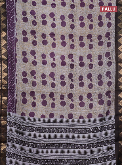 Semi maheshwari cotton saree grey purple and coffee brown with allover floral prints and zari woven border