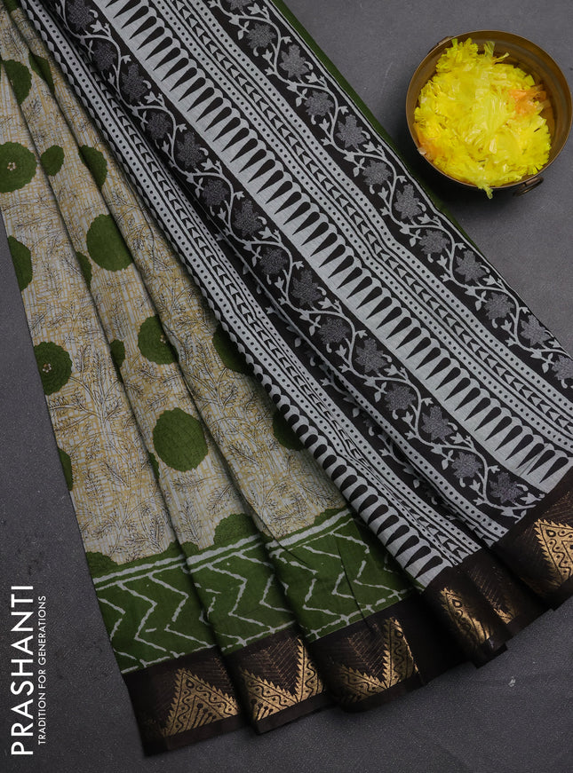 Semi maheshwari cotton saree grey light green and coffee brown with allover floral prints and zari woven border