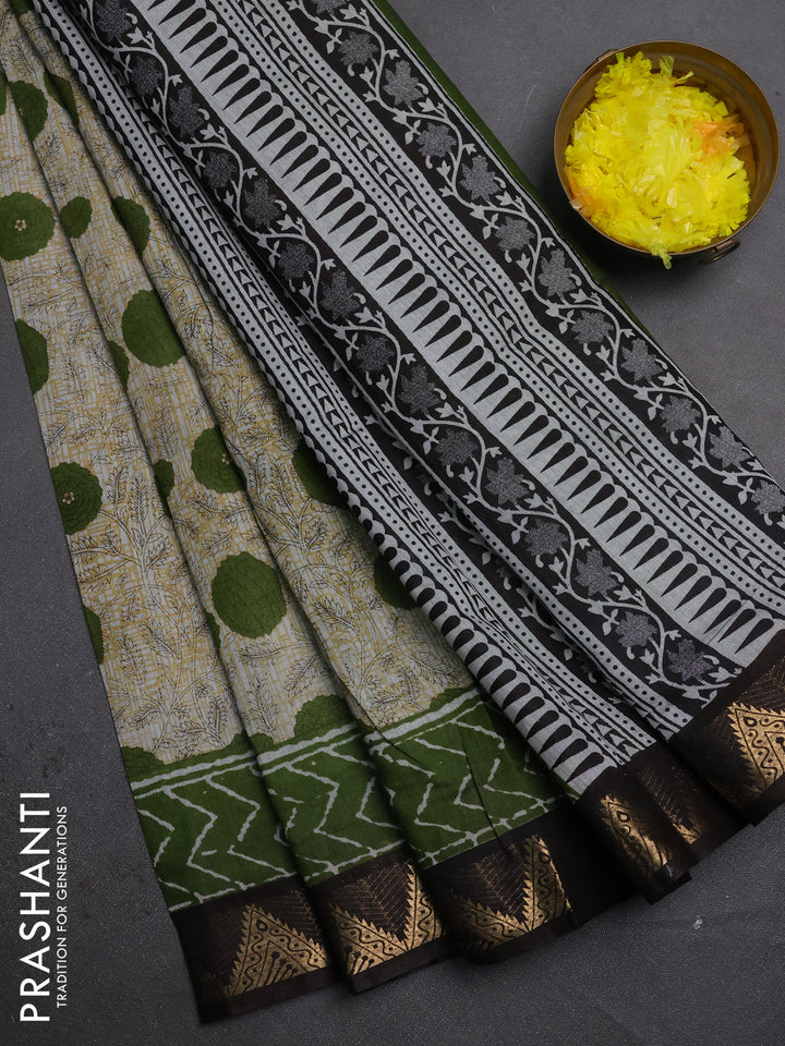 Semi maheshwari cotton saree grey light green and coffee brown with allover floral prints and zari woven border
