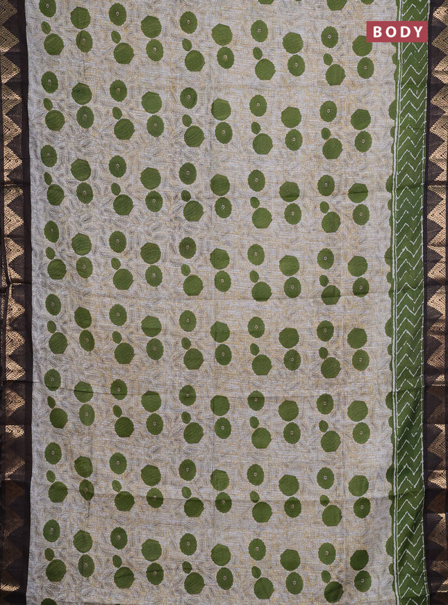 Semi maheshwari cotton saree grey light green and coffee brown with allover floral prints and zari woven border