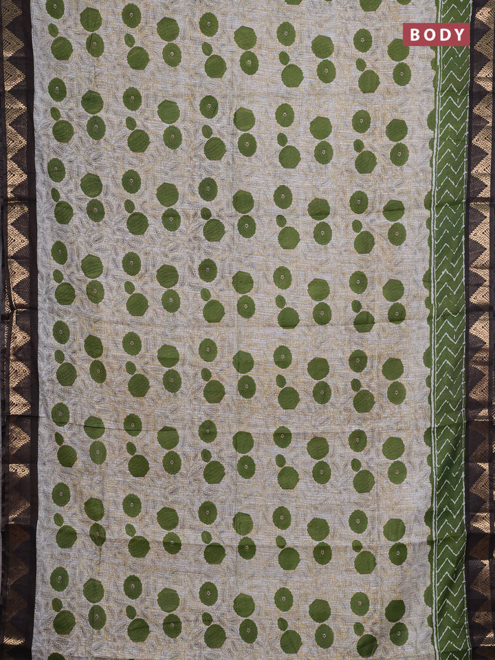 Semi maheshwari cotton saree grey light green and coffee brown with allover floral prints and zari woven border