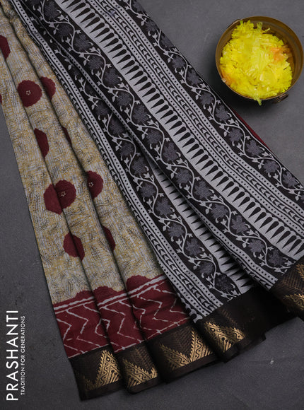 Semi maheshwari cotton saree grey maroon and coffee brown with allover floral prints and zari woven border